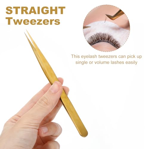 5 Pcs Lash Tweezers Set High Precision Stainless Steel Eyelash Tweezers Gold Curved Volume Professional Applicator Individual Lash Extensions Tool with Storage Box for Classic