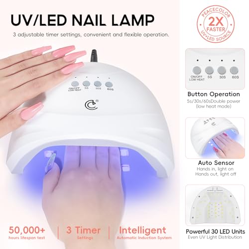 Peacecolor 83Pcs Gel Nail Polish Kit with U V Light and Drill, 56 Colors All Seasons Soak Off Gel Polish Set Cat Eye Gel with Matte/Glossy Glitter Base Top Coat Manicure Nail Kit Gifts for Women Girls