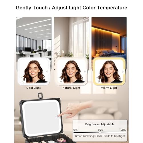 Makeup Case with Lighted Mirror, Travel Makeup Box with LED Mirror Makeup Organizer Bag Portable Cosmetic Train Case Makeup Artist Storage Bags with Adjustable Dividers Gifts for Women and Girls
