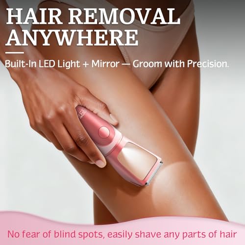 Bikini Trimmer for Women Men, 2 in 1 Electric Razors Shaver, IPX7 Waterproof Body Hair Trimmer with Mirror, LED Light & Display, Painless Pubic Hair Removal, Pink