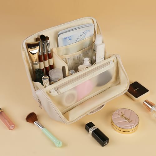 Makeup Bag,Large Capacity Cosmetic Bags for Women,Portable Toiletry Bag Free-Standing Brush Holder for Easy Access