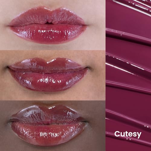 Glossy Lip Stain ? Plumping Hydrating Lip Oil Tint with Hyaluronic Acid & Peptide Complex ? Non-Sticky High Shine Pigmented Finish ? Cutesy (Dusty Pink) 0.11 oz.