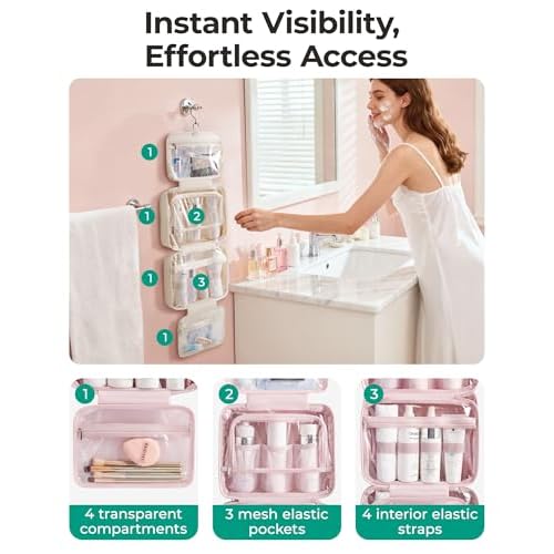 BAGSMART Travel Toiletry Bag for women, Portable Hanging Hook Makeup Bag Organizer, Waterproof Makeup Cosmetic Bag, for Full-Size Accessories, Toiletries, Pink