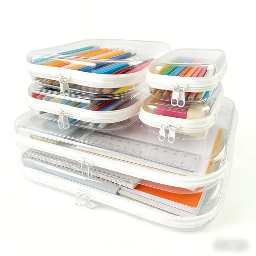 6Pcs/2L+2M+2S Clear Hard Shell Zippered Travel Case ? Plastic Organizer Pouch for Toiletries, Cosmetic Bag, Diaper Bag & Packing Accessories (White, Set D)