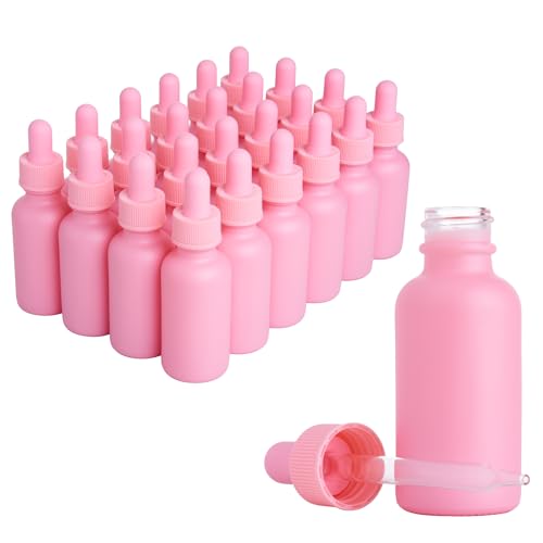 24 Pink Coated 1 oz Glass Boston Round Dropper Bottles For Essential Oils, Aromatherapy and Skin Care
