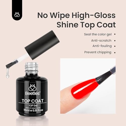 beetles Gel Polish 2Pcs 15ml No Wipe Top Coat Gel Nail Polish High Gloss Shiny Long-Lasting Clear Gel Top Coat, Soak Off Nail Lamp, Spring Nails Home DIY Manicure and Nail Salon Gifts for Women