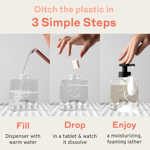 Tirtyl Skipper Hand Wash Duo Kit Glass - 2 Glass Foaming Dispensers + 6 Tablet Refills (6x 8 fl oz bottles of soap) + 1 Storage Tin - Variety Fragrances