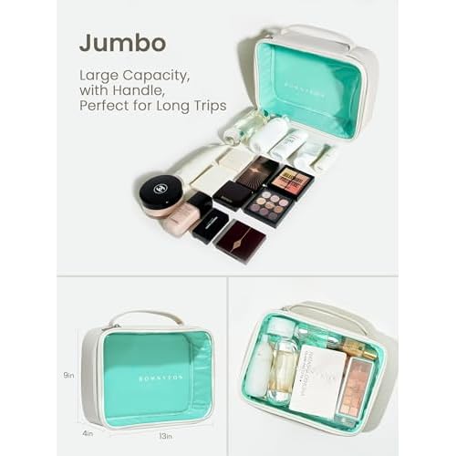 ROWNYEON Clear Makeup Bag Set of 3,Leather Waterproof Cosmetic Bag,Travel Makeup Bag for Women,Portable Toiletry Bag Train Case with Zipper Handle White