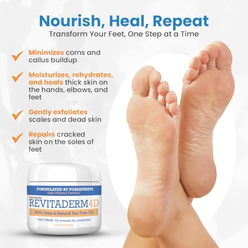 Revitaderm 4D 40% Urea Advanced Foot Cream for Cracked Heels & Dry Skin, Intensive Repair for Rough, Callused Feet, Fast Absorbing, Fragrance Free, Made in USA, 4 oz with Pumice & Brush, 1 Pack