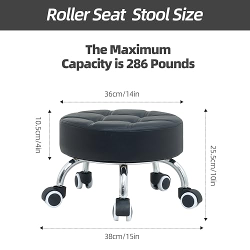 Low Height Rolling Stool with Wheels - Heavy Duty 360¡Æ Swivel Low Stool Chair with Thickened Cushion Round Roller Seat Stools for Garage Shop Kitchen Home Office Salon Pedicure (Black)
