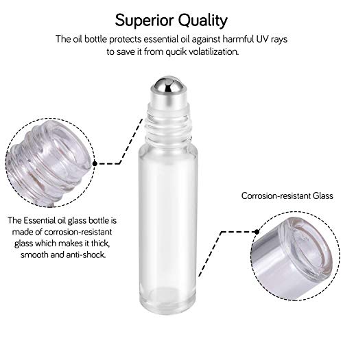PrettyCare Set of 60, 10 ml Essential Oil Roller Bottles with Stainless Steel Roller Ball - Bulk Refillable Leak-proof Empty Clear Glass Roll on Bottles with Silver Metal Caps for Travel, Perfume