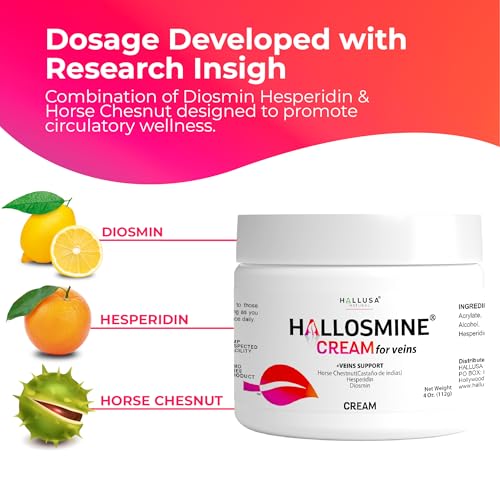 Hallusa Natural Hallosmine Leg Cream with Diosmin, Hesperidin & Horse Chestnut | Cooling Skin Care Cream with Menthol & Aloe Vera | Lightweight Moisturizing Formula | 4 oz (112g)