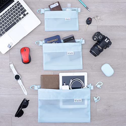 Rolling Nomad 10.2x7.6x0.4 Waterproof Travel Pouches, Light Blue Medium Mesh Zipper Pouch for Travel, Pencil, Toiletry Bags, Cosmetics, Organizer, Luggage