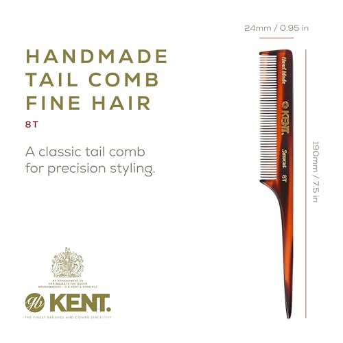 Kent 8T Rat Tail Combs Teasing Comb for Hair Styling and Sectioning, Handmade Fine Tooth Comb Parting Combs for Braiding Hair and Styling for Women, Saw Cut and Hand Polished, Made in England