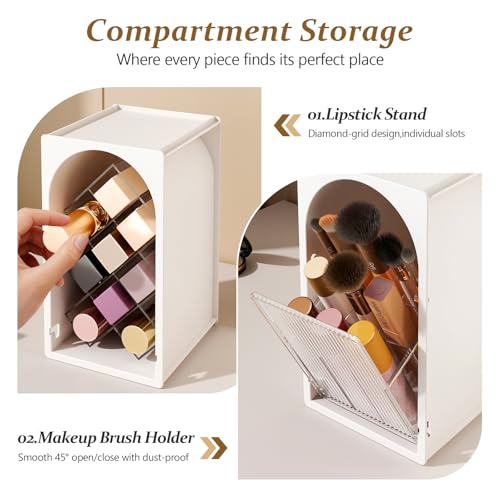 FOLLOWIN Compact Makeup Organizer for Vanity,Lipstick Holder with Grid & Makeup Brush Organizer with Flip Drawer,Cosmetic Organizer Set for Cosmetics,Brushes,Lipsticks,Milk White & Clear