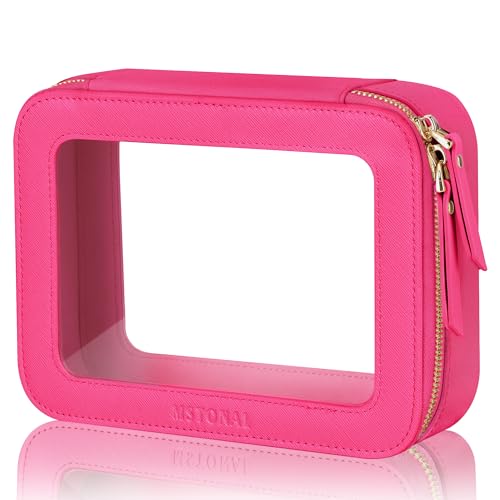 Clear Makeup Bag, Travel Toiletry Bag Cosmetic Case for Women, Waterproof Portable Make Up Skincare Pouch with Zipper, Compact Car Organizer Bag for Essentials, Medium Size, Hot Pink