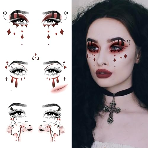 10 Pcs Horror Halloween Face Makeup Tattoos Stickers Clown Demon Ghost Vampire Spider Web Eye Shadow Temporary Stickers Scary Fake Eyeshadow Tattoos for Halloween Carnival Day of Dead Party Decoration