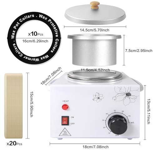Portable Wax Warmer Machine for Painless Hair Removal, Women Men Professional Wax Heater with Adjustable Temperature Set, 20pcs Sticks (White - Single Pot)