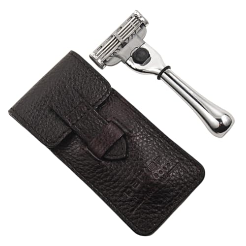 Parker Travel Razor ? Compatible with Gillette¢ç Mach3¢ç Cartridges ? Compact Chrome Brass Handle with Premium Buffalo Leather Case for Men¡¯s Grooming & Travel