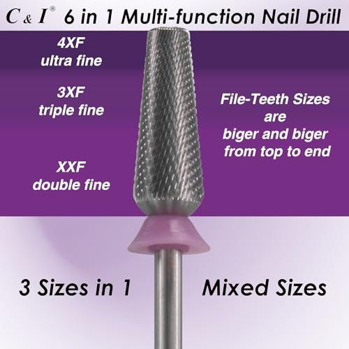 C & I Nail Drill Bit 6 in 1 Multi-function Rounded End E File, Tungsten Steel CNC Overall Cutting, Manicure Tool for Nail Tech Quick Remove Nail Gels, Acrylic Nails (Original, Double Fine -XXF)