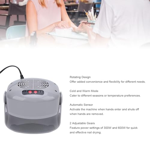 Air Nail Dryer, 300W 600W 2 Adjustable Gears Rotatable Hot and Cold Nail Drying Fan with Auto Sensor, Quick Dry Nail Fan Dryer for Fingernail Toenail, Regular Nail Polish Home