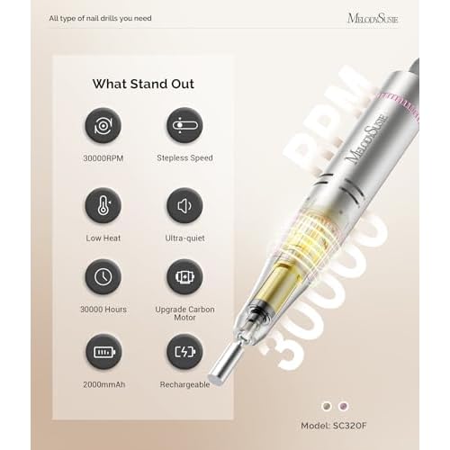 MelodySusie Portable Nail Drill 30000 RPM SC320F with Handheld UV Light for Gel Nails ART01R