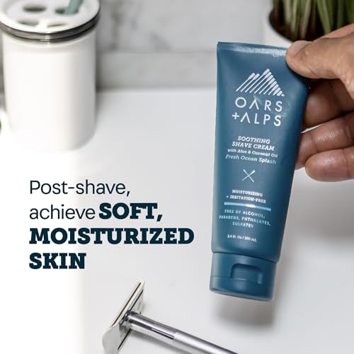 Oars + Alps Soothing Men's Shaving Cream, Dermatologist Tested and Infused with Aloe and Coconut Oil, Fresh Ocean Splash Scent, TSA Friendly, 3.4 Oz, 1 Pack