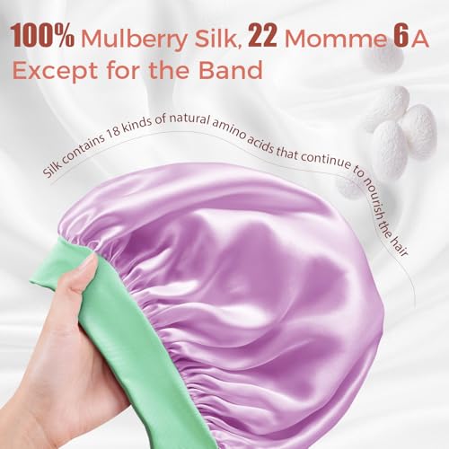 Double-Layer Mulberry Silk Bonnet for Sleeping Women 22 Momme 6A with Adjustable Ties, 13 Inch Anti-Frizz Sleep Hair Bonnet for Hair Protection, Includes Silk Scrunchie, Purple