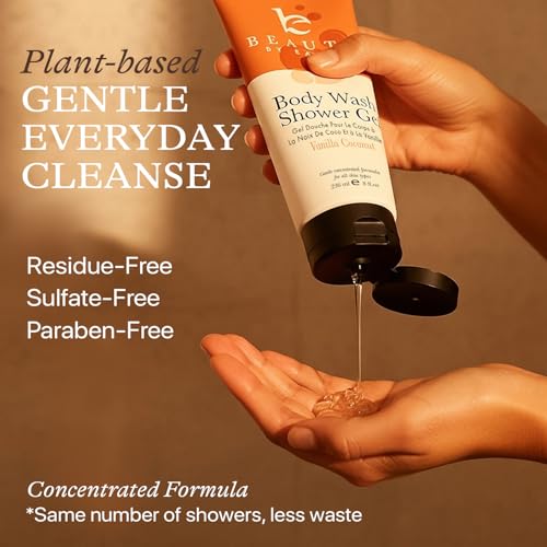 Vanilla Coconut Shower Gel Body Wash - USA Made with Organic & Natural Ingredients, Moisturizing Cleansing Gel for Women, Gentle & Non Toxic Daily Wash for Sensitive Skin, Clean Body Soap Liquid