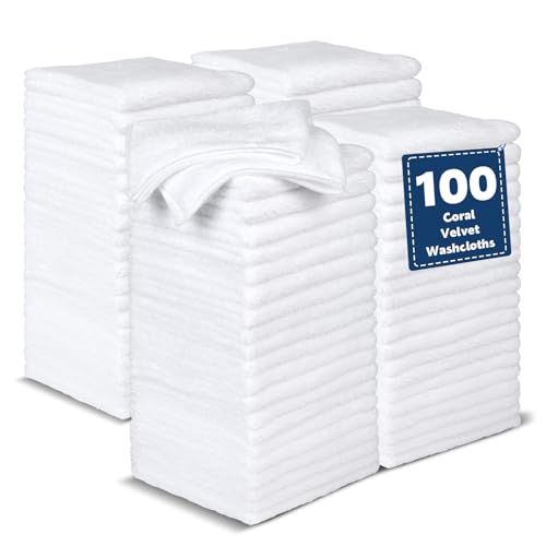 Coral Velvet Washcloths Bulk -100 Pack, Highly Absorbent and Soft White Face Towels, Multi-Purpose Washcloths and Hand Towels for Bathroom, Hotel, Spa and Gym, 12 x 12 inches