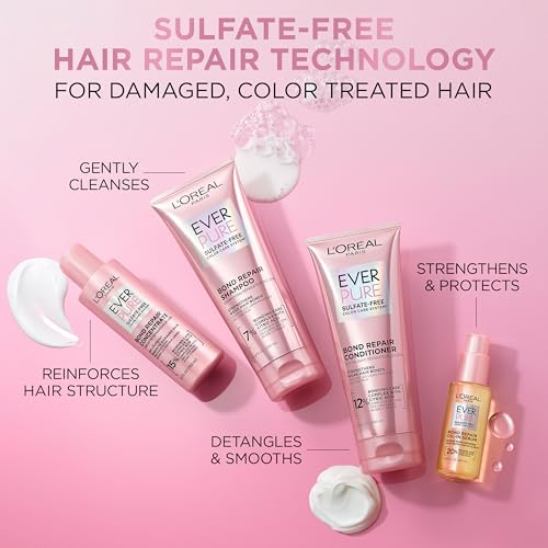L'Oreal Paris Sulfate Free Bond Repair+ Shampoo,Hair Shampoo with Amino Acid Complex,Strengthens and Repairs Damaged or Color Treated Hair,EverPure,23 Fl Oz (Packaging May Vary),(Pack of 2)