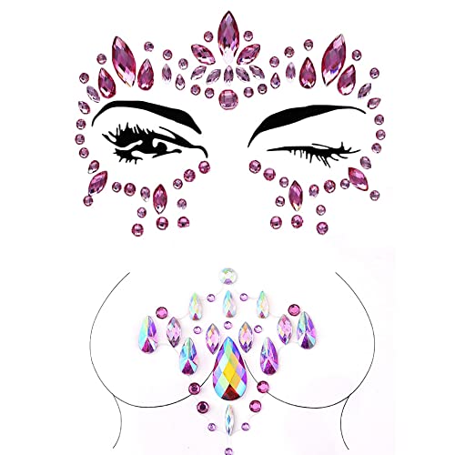 Mermaid Pink Face Gems Rhinestone Face Jewels Tattoo Rave Body Stickers Festival Chest Gems for Women and Girls 2PCS (Face Gem2)