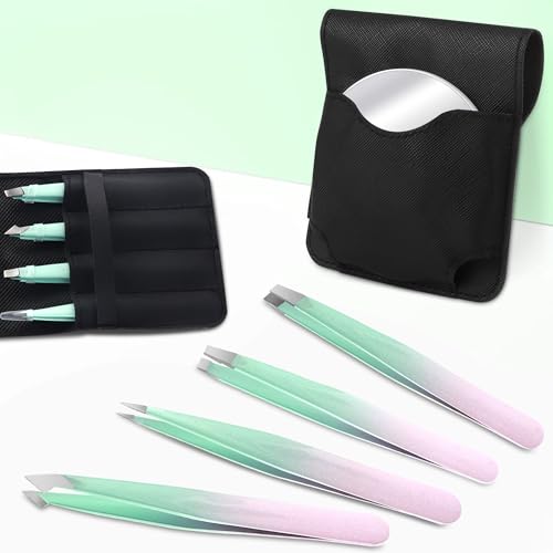 Tweezers and 10X Magnifying Mirror Kit with Travel Leather Case, Eyebrow Tweezer Set for Women & Men, Great Precision for Facial Hair, Splinter and Ingrown Hair Removal - Starry Green