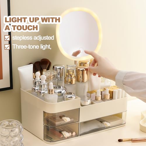 DASITON Makeup Organizer with Rechargeable Mirror and 3 Drawers,Skincare and Cosmetics Organizer Countertop,Makeup Brush Holder,Large Cosmetic Display Case for Vanity,Desk,Bathroom,Bedroom(Cream)