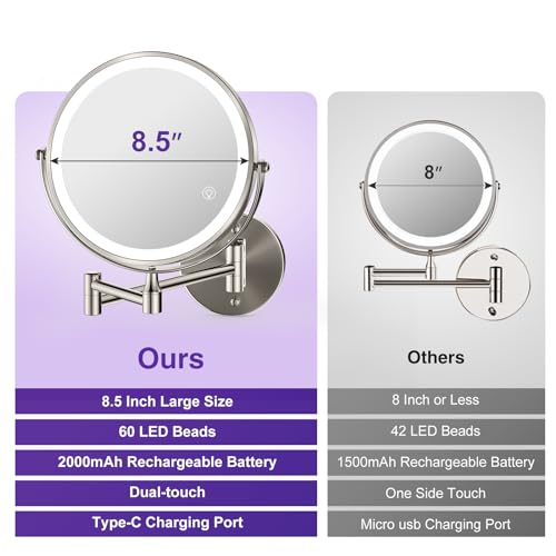 Magnifying Mirror with Lights 1x/15x: 8.5" Double Sided Wall Mounted Lighted Makeup Mirror for Bathroom, Brushed Nickel