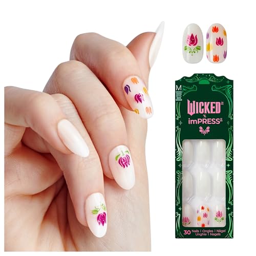WICKED X imPRESS Press On Nails, New Improved Adhesive, Up To 10 Day Hold, ¡®Beautifical¡¯, White, Medium Oval, Includes 30 Fake Nails, 1 Prep Pad, 1 Manicure Stick, 1 Mini File