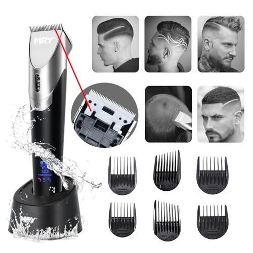 MRY Ceramic Cutter Cordless Men's Barber Women's Professional Waterproof LCD Hair Clippers USB Rechargeable (Black with Silver Color)