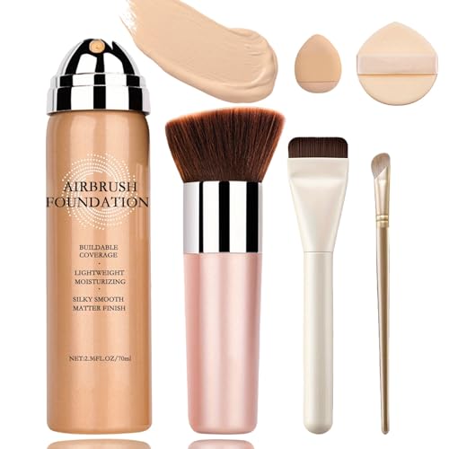 Magic Minerals Airbrush Foundation Spray - Lightweight Buildable Coverage, Hydrating Formula for Smooth Radiant Light Beige, Includes Foundation Brush, Powder Puff & Nose Shadow Brush - 03 Nude