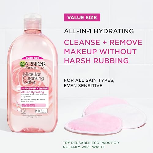 Garnier Micellar Water with Rose Water and Glycerin, Hydrating Facial Cleanser & Makeup Remover, For All Skin Types, Vegan, Cruelty Free, 23.7 Fl Oz (700mL), 1 Count