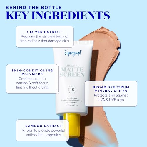 Supergoop! Mineral Mattescreen (SPF 40) - 45 mL - Mineral, Oil-Free Broad Spectrum Sunscreen - Smooths Skin¡¯s Appearance, Minimizes Pores & Controls Shine - Water & Sweat Resistant