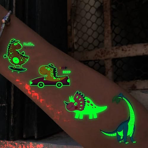 15 Sheets Glow in The Dark Cartoon Dinosaur Temporary Tattoos For Kids Boys Girls Face Hands, Night Glowing Luminous Tattoo Stickers Dino Tatoos Children, Party Stocking Stuffer Goodie Bags Fillers