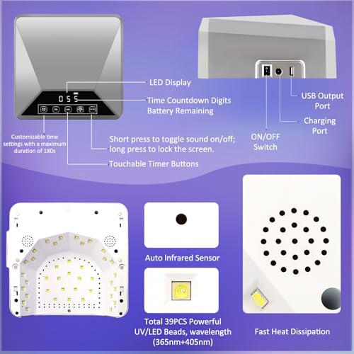 Rechargeable78W UV LED Nail Lamp for Gel Nails,Cordless Nail Dryer with Hidden Telescopic Stand for Hands & Feet,15600mAh Battery,30/60/99/180s Custom Timer,Mirror Base,Lock Screen for Salon Home