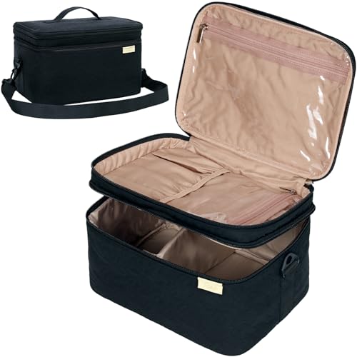 NISHEL Extra Large Double Layer Travel Makeup Bag Women, Cosmetic Organizer Case, Essentials Accessories with Shoulder Strap for Bottles, Brushes, Conditioner, Skin Care Products, Black