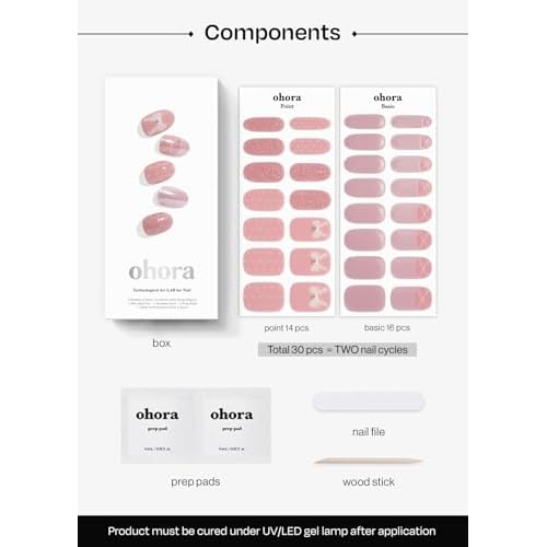 ohora Semi Cured Gel Nail Strips (N Sheer Tutu) - Works with Any Lamps, Salon-Quality, Long Lasting, Easy to Apply & Remove - Includes 2 Prep Pads, Nail File & Wooden Stick