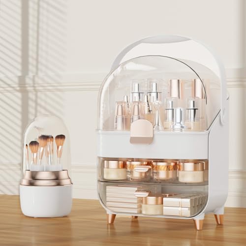 Makeup Organizer Countertop & 360¡Æ Rotating Makeup Brush Holder, Skincare Holder with Lid and Drawers, Storage Box Cosmetic Display Cases, Teen Girl Gifts, Vanity, Bathroom Counter,Rose Gold