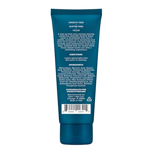 Oars + Alps Soothing Men's Shaving Cream, Dermatologist Tested and Infused with Aloe and Coconut Oil, Fresh Ocean Splash Scent, TSA Friendly, 3.4 Oz, 1 Pack