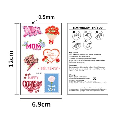 10 Sheets Mom Heart Flowers Temporary Tattoos Stickers Happy Mother's Day for Women Men Boys Girls Body Face Art Decal Decoration Supplies