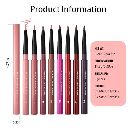 8Pcs Gel Lip Liner Pencil Set for Women, Matte Long Lasting LipLiner Lipstick 24 Hour, High Pigmented Lips Makeup Retractable Liners Waterproof Smudge Proof, Vegan & Cruelty-Free