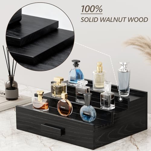 Walnut Cologne Organizer for Men,3 Tier Cologne Stand,Wooden Cologne Holder Display Shelf with Drawer Storage and Hidden Compartment,Perfume Stand Organizer,Gift for Men Dad Husband,Black