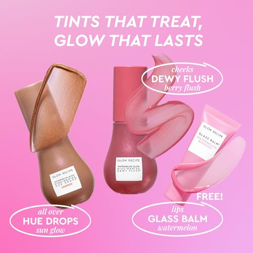 Glow Recipe Best of Glow Hues Kit - Travel Size Hue Drops Sun Glow, Full Size Dewy Flush Blush & Travel Size Glass Balm Lip Treatment (3 Count)